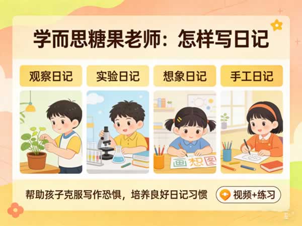 《学而思糖果老师：怎样写日记》4大题材(观察、实验、想象、手工日记)，帮助孩子克服写作恐惧，培养良好的日记习惯 视频+练习