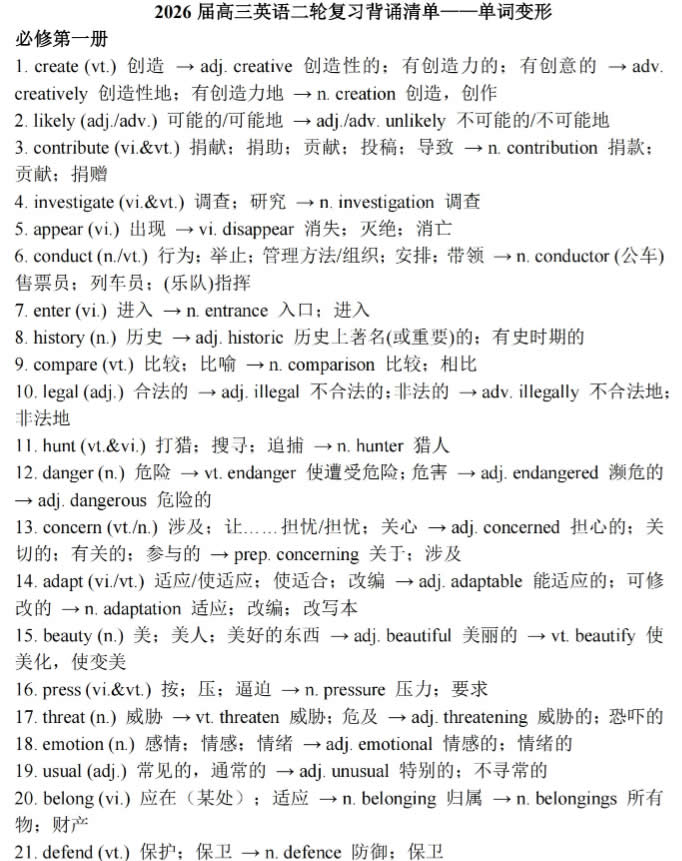 2026版高中英语二轮背诵清单高中单词变形汇总pdf下载