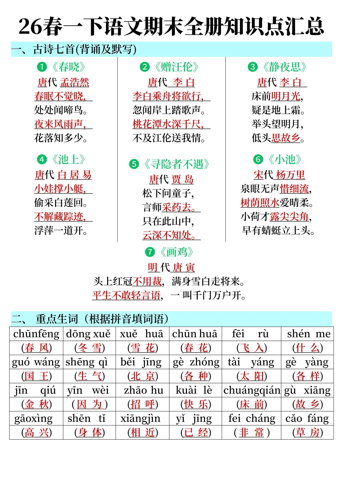 26春一下语文期末复习全册知识点汇总学案