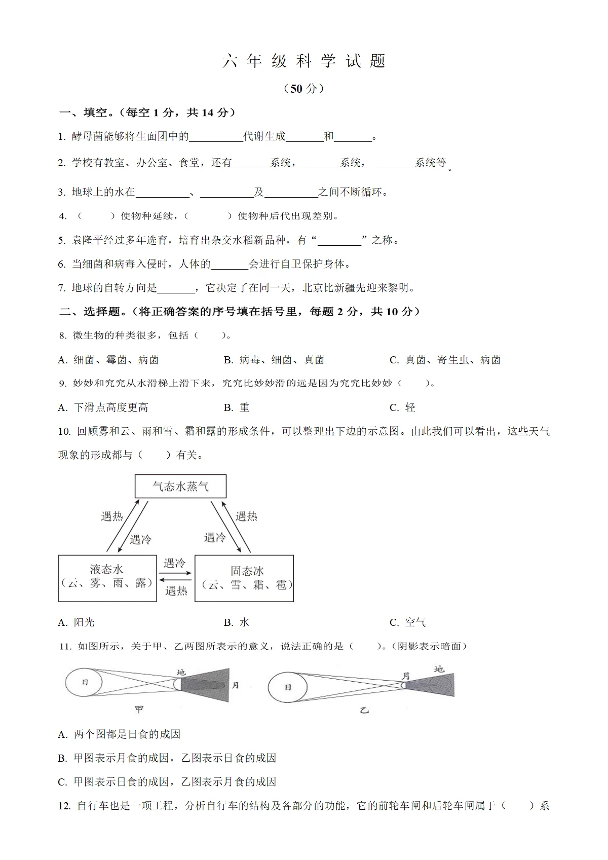 河南省焦作市沁阳市大象版六年级上册期末考试科学试卷（原卷版）