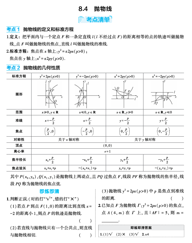 2026《53高考总复习A版》数学 精讲 8 4 抛物线