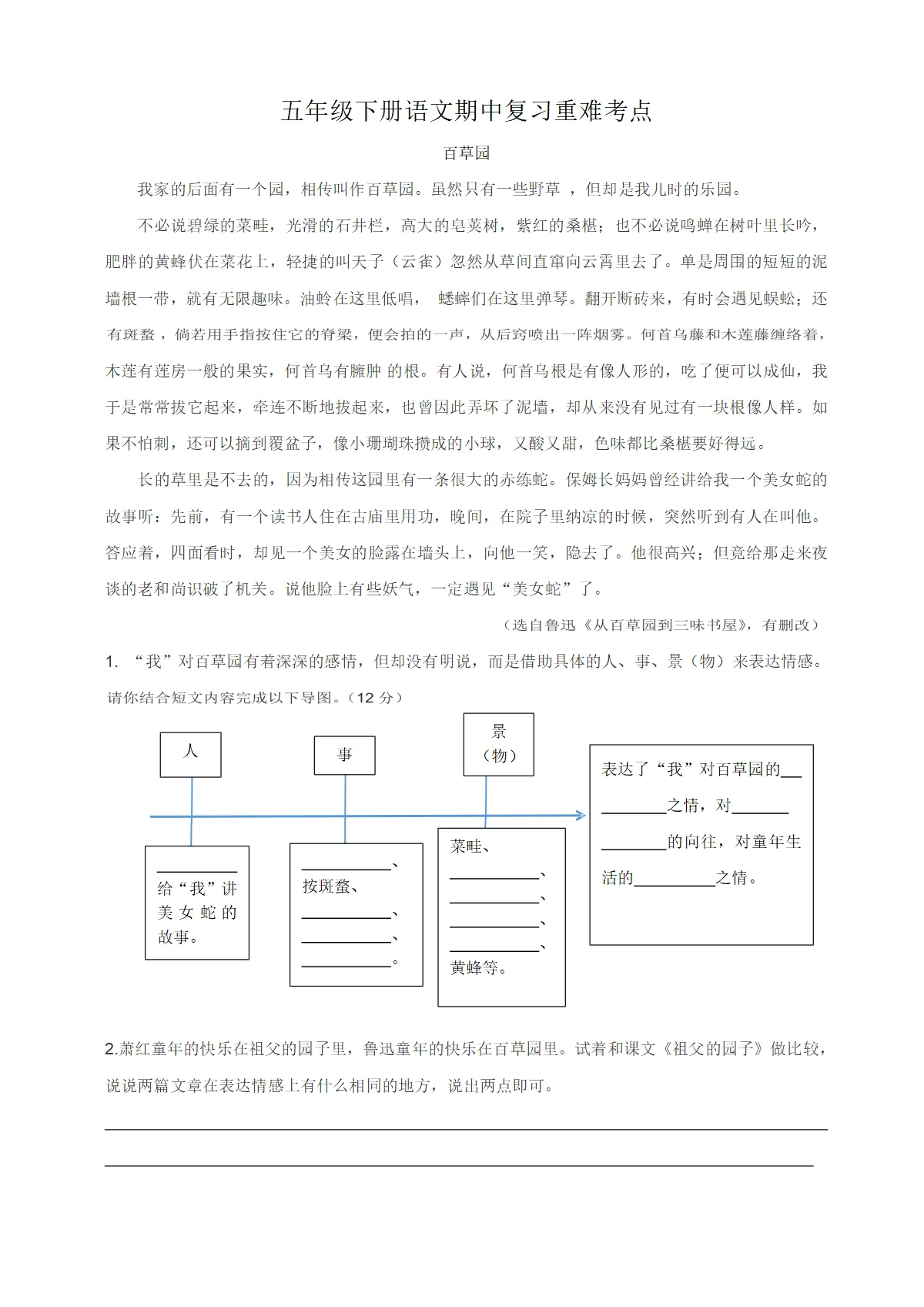 五年级下册语文期中阅读考点练习