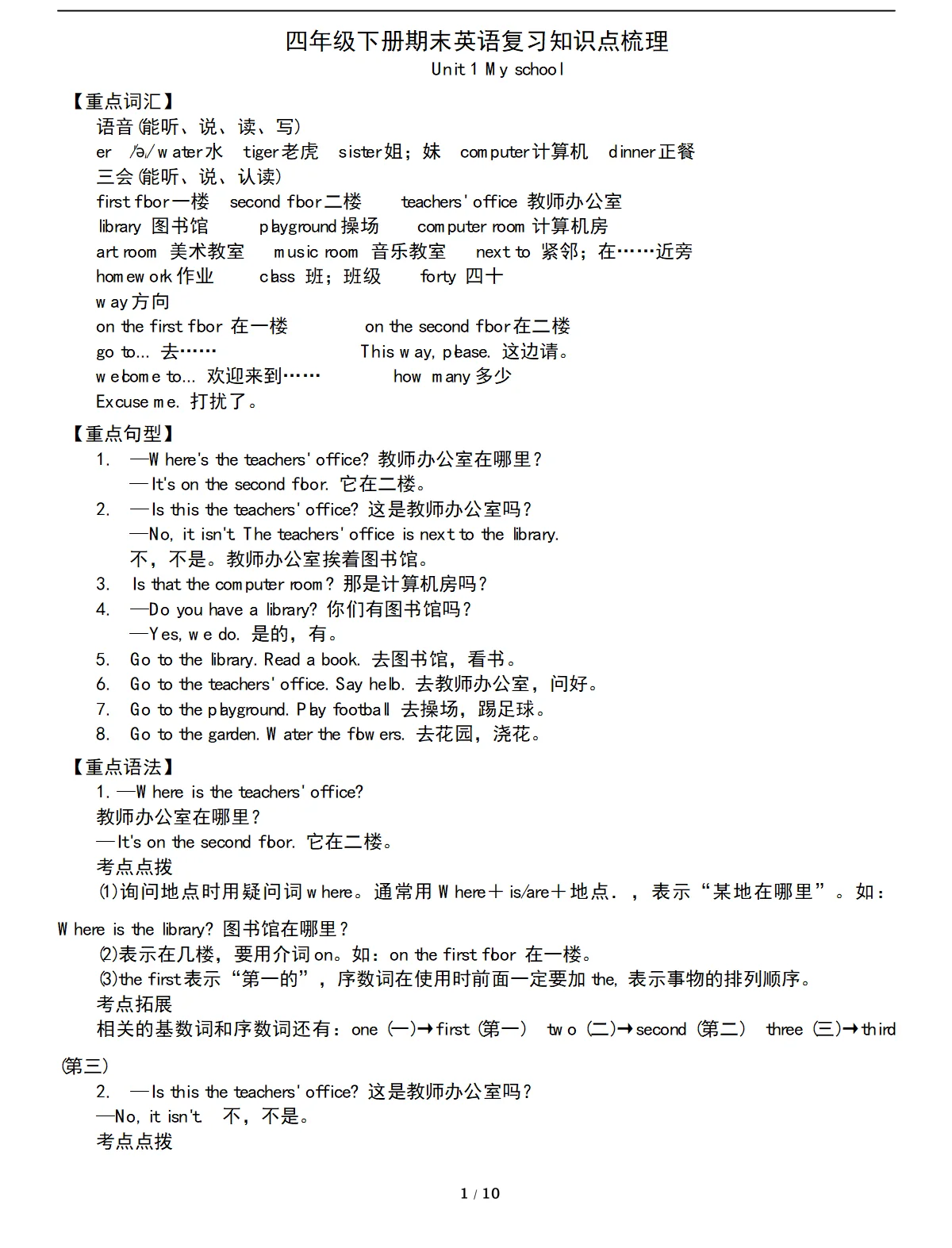 四年级英语下册期末知识清单梳理