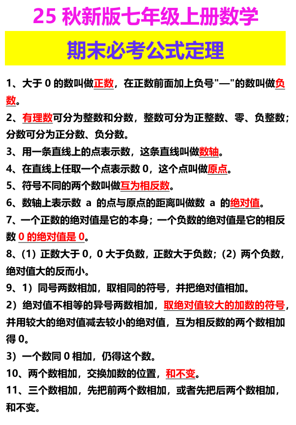 【2025秋新版】七年级上册数学 期末必考公式定理