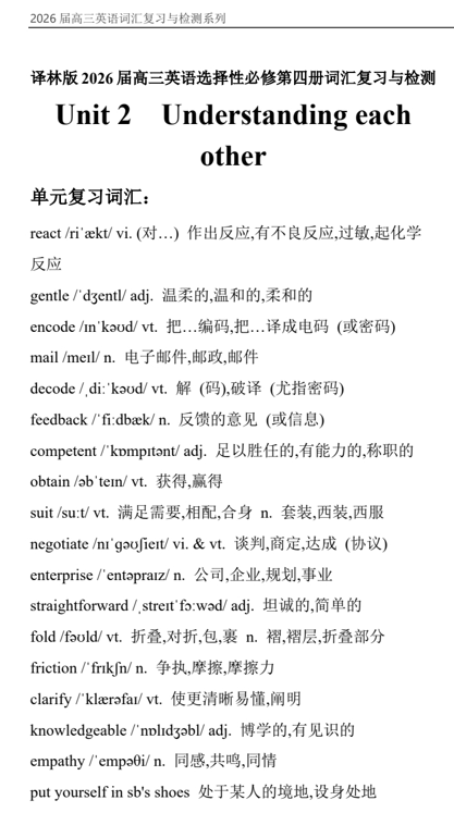 Unit+2++Understanding+each+other++一轮词汇复习与检测-2026届高三英语译林版选择性必修第四册