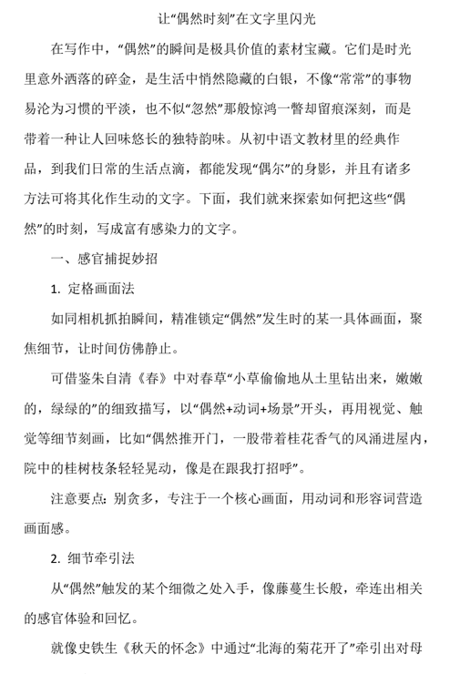 2025年中考语文复习：让&ldquo;偶然时刻&rdquo;在文字里闪光+讲义