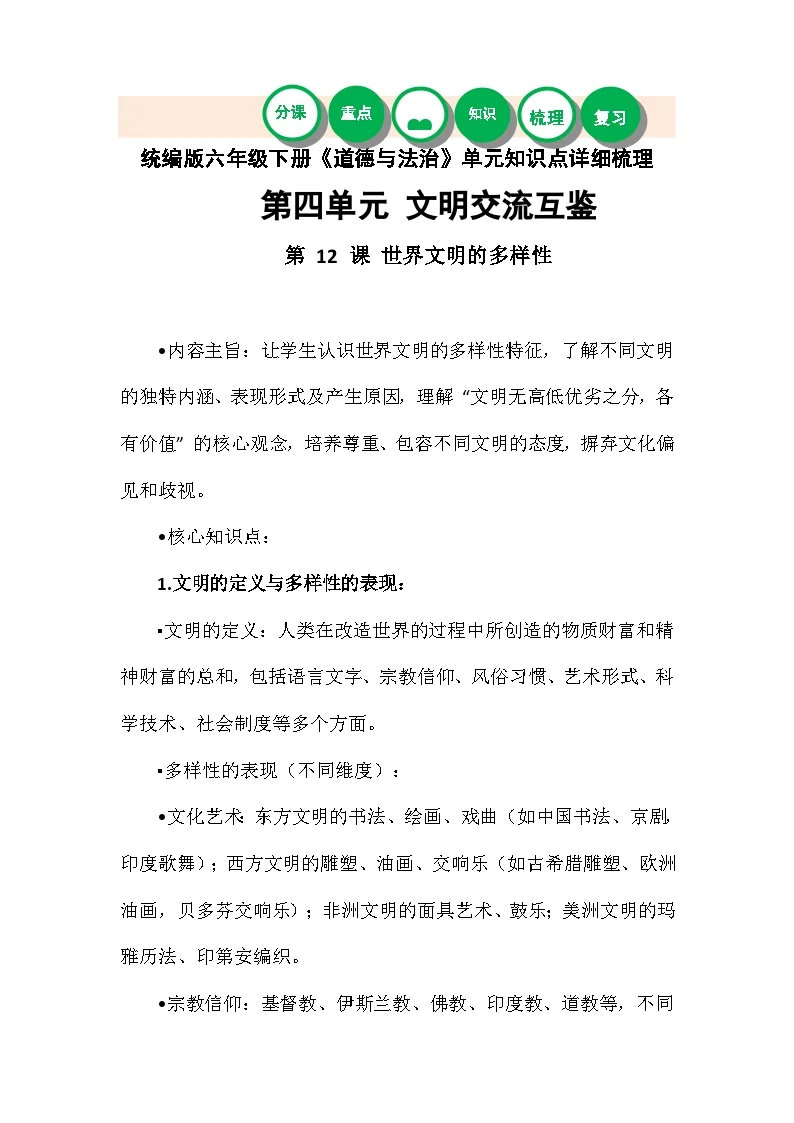 统编版六年级下册《道德与法治》第四单元知识点详细梳理