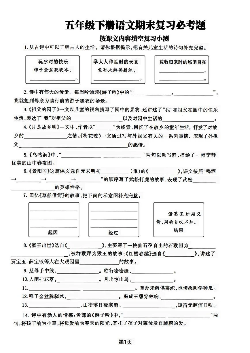 统编版五年级语文下册【期末复习必考题按课文内容填空专项-含答案】练习及答案