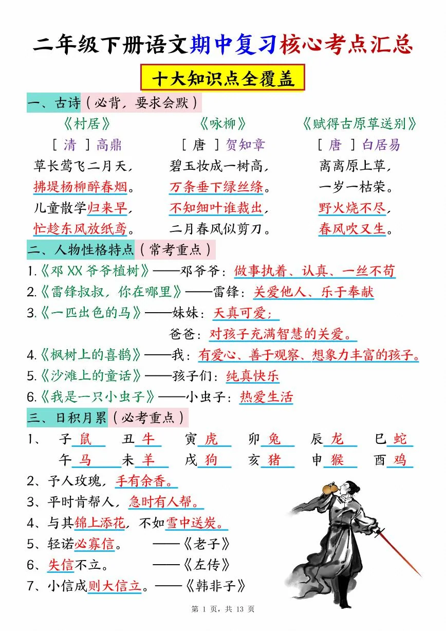 统编版二年级语文下册期中复习核心考点汇总（10大知识点）学案
