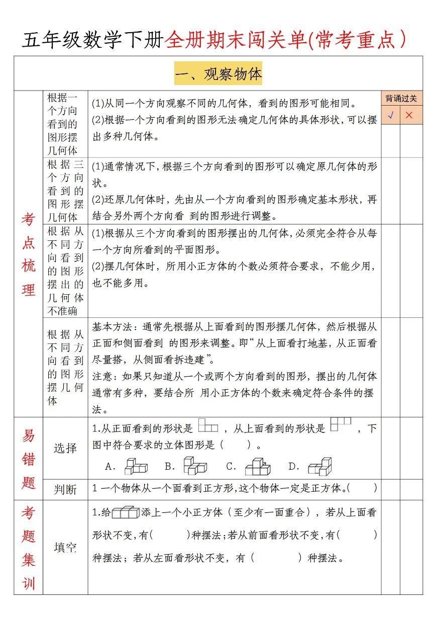 【全册期末闯关单】 (练习含答案)人教版五年级数学下册