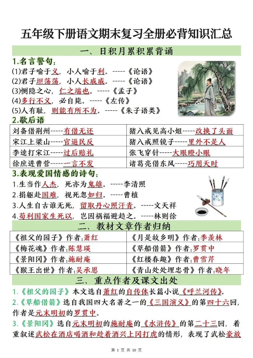 统编版五年级语文下册【期末复习全册必背知识点】练习及答案