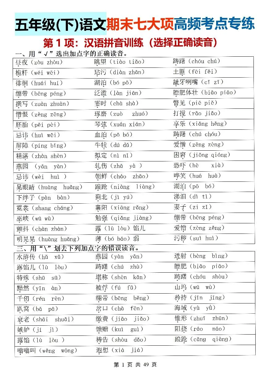 统编版五年级语文下册【期末七大项高频考点专练】练习及答案