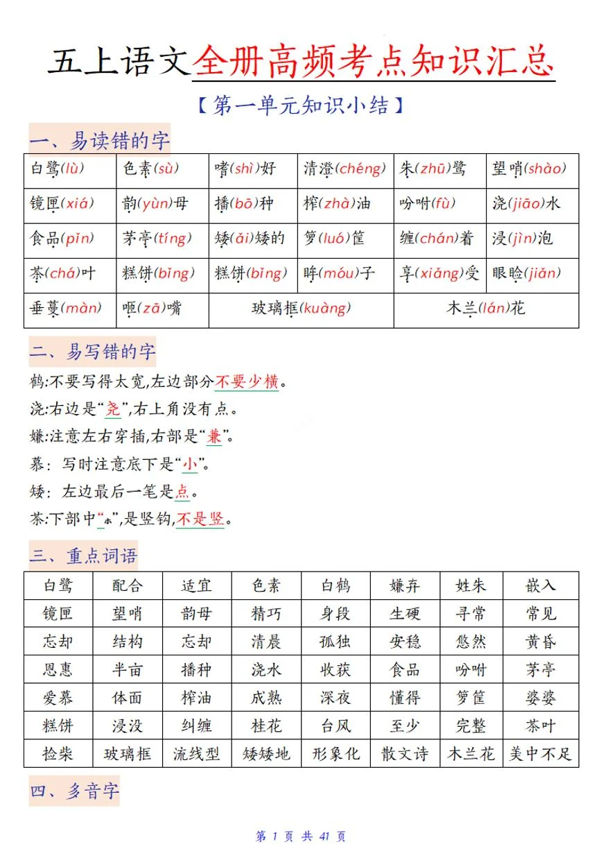 统编版五年级语文下册【期末高频考点知识汇总】练习及答案