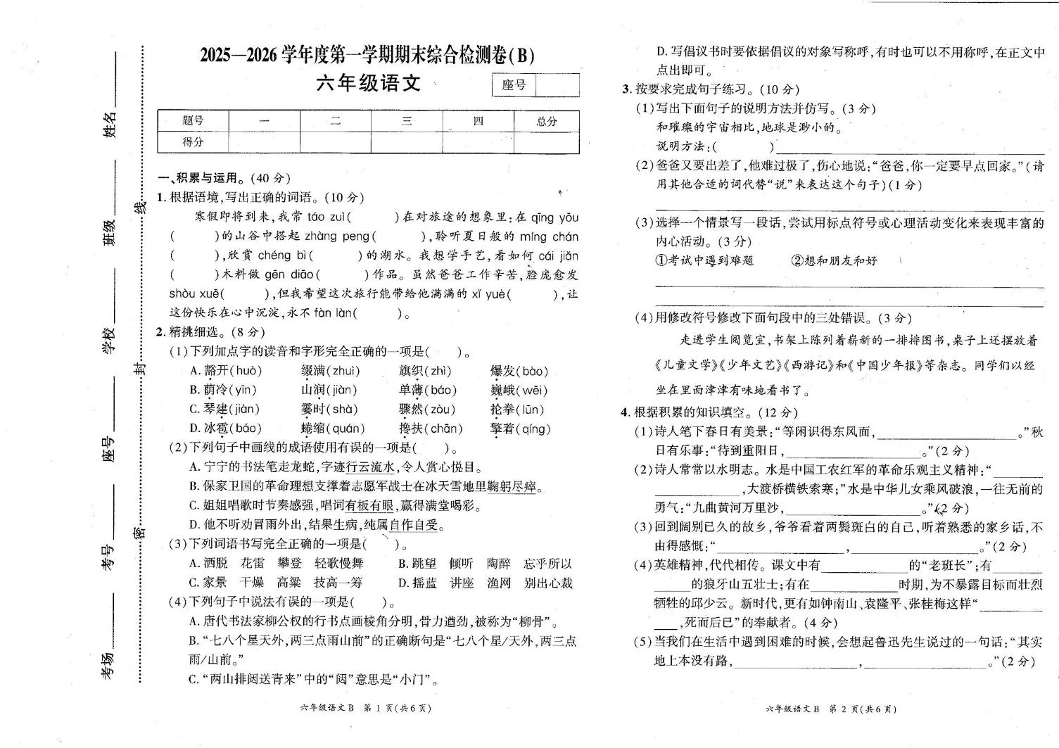 河南省商丘市宁陵县2025-2026学年六年级第一学期期未综合检测语文卷(B)（期末）