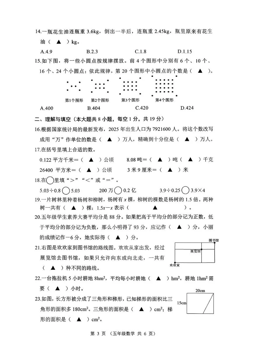 江苏连云港市东海县2025-2026学年五年级上学期学业质量检测数学试题（期末）