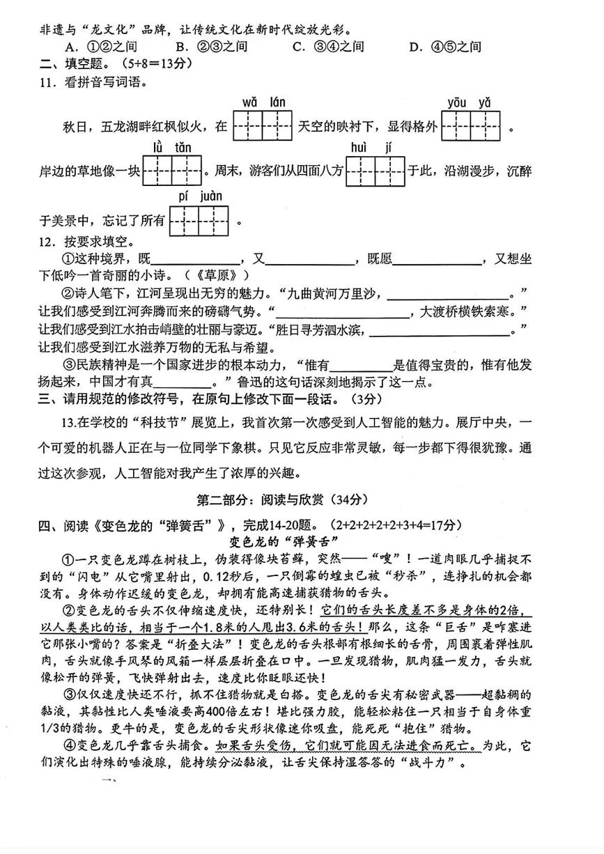 福建省龙岩市新罗区2025-2026学年六年级上学期语文学科素养监测（期末）