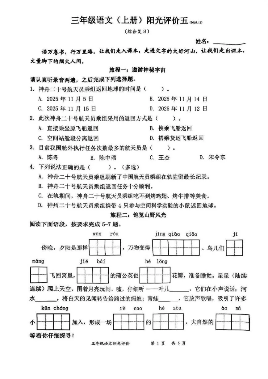 2025-2026学年广东省深圳市罗湖区三年级上学期期末语文阳光评价综合复习试卷（含答案）