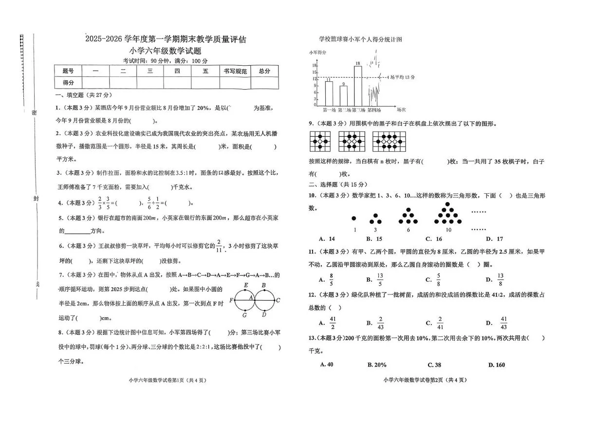 河北沧州市河间市2025-2026学年度第一学期期末教学质量评估小学六年级数学试卷