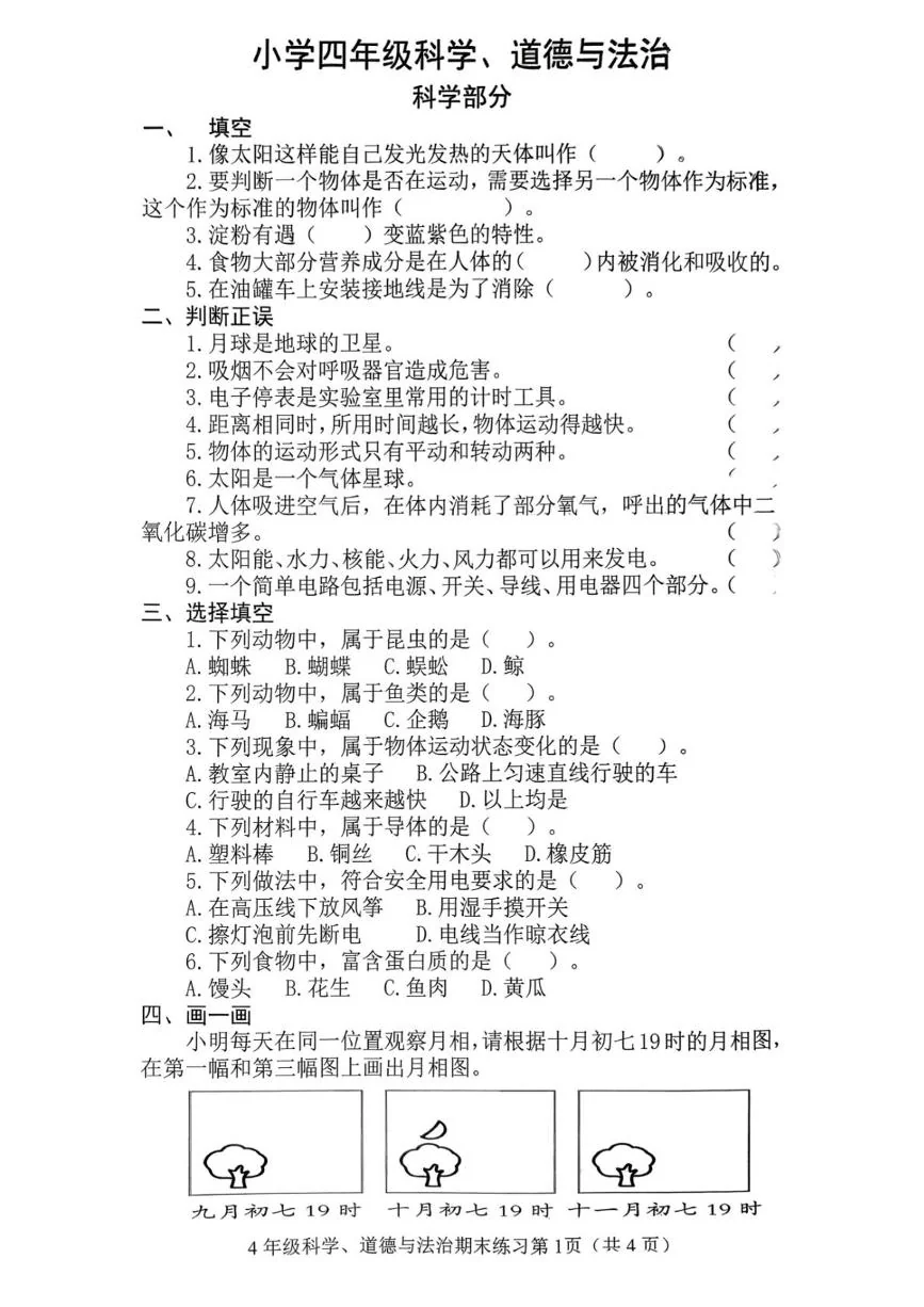 山东淄博市桓台县2025-2026学年四年级上学期期末科学试题