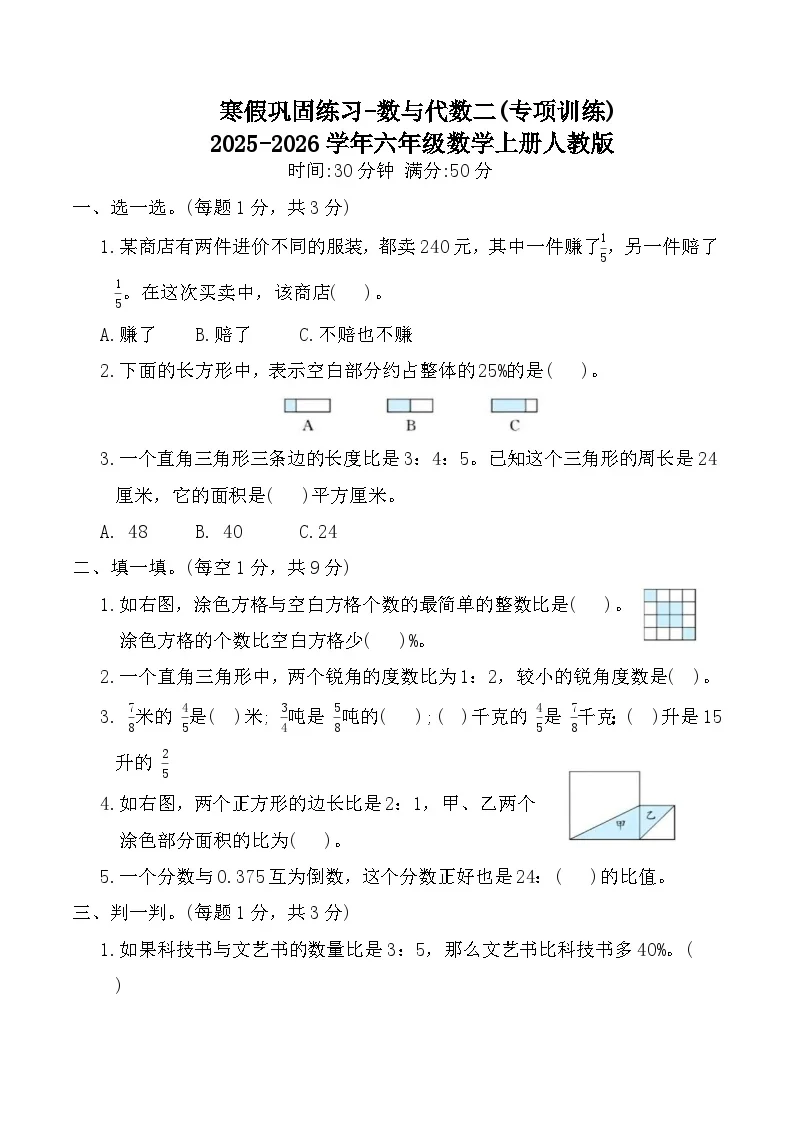 寒假巩固练习-数与代数二(专项训练)2025-2026学年六年级数学上册人教版（含答案）