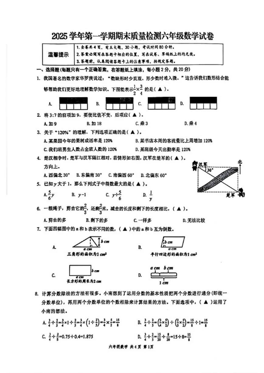 2025-2026学年浙江省温州市苍南县六年级上学期期末数学试题（含答案）