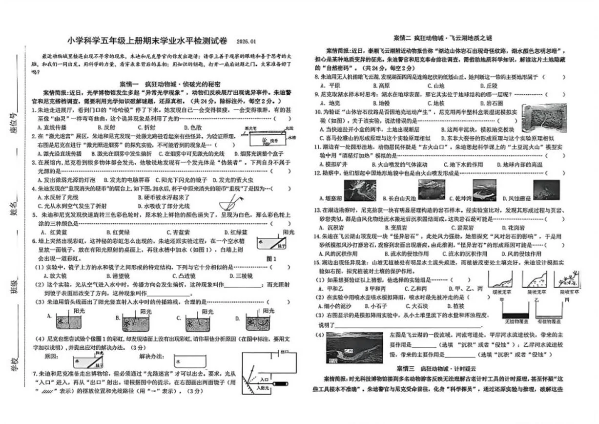 2025-2026学年浙江温州市泰顺县小学科学五年级上册期末检测（无答案）