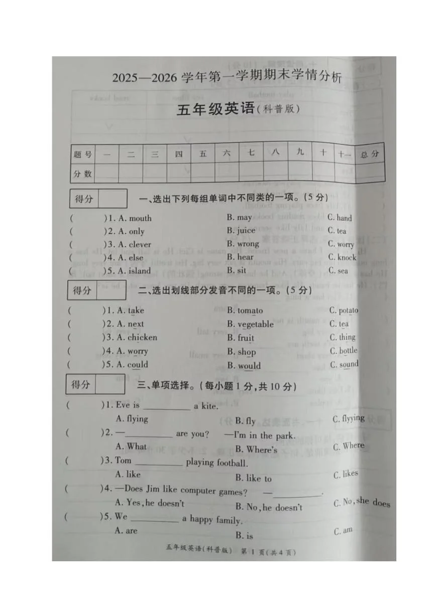 河南开封市通许县2025-2026学年第一学期期末学情分析五年级英语试卷
